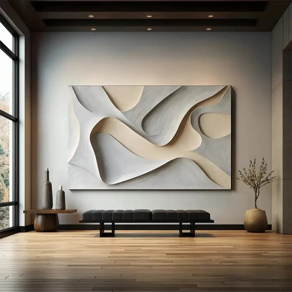 Tableau artistique abstrait 3D moderne accroché sur un mur, apportant une touche contemporaine à un intérieur élégant et minimaliste.