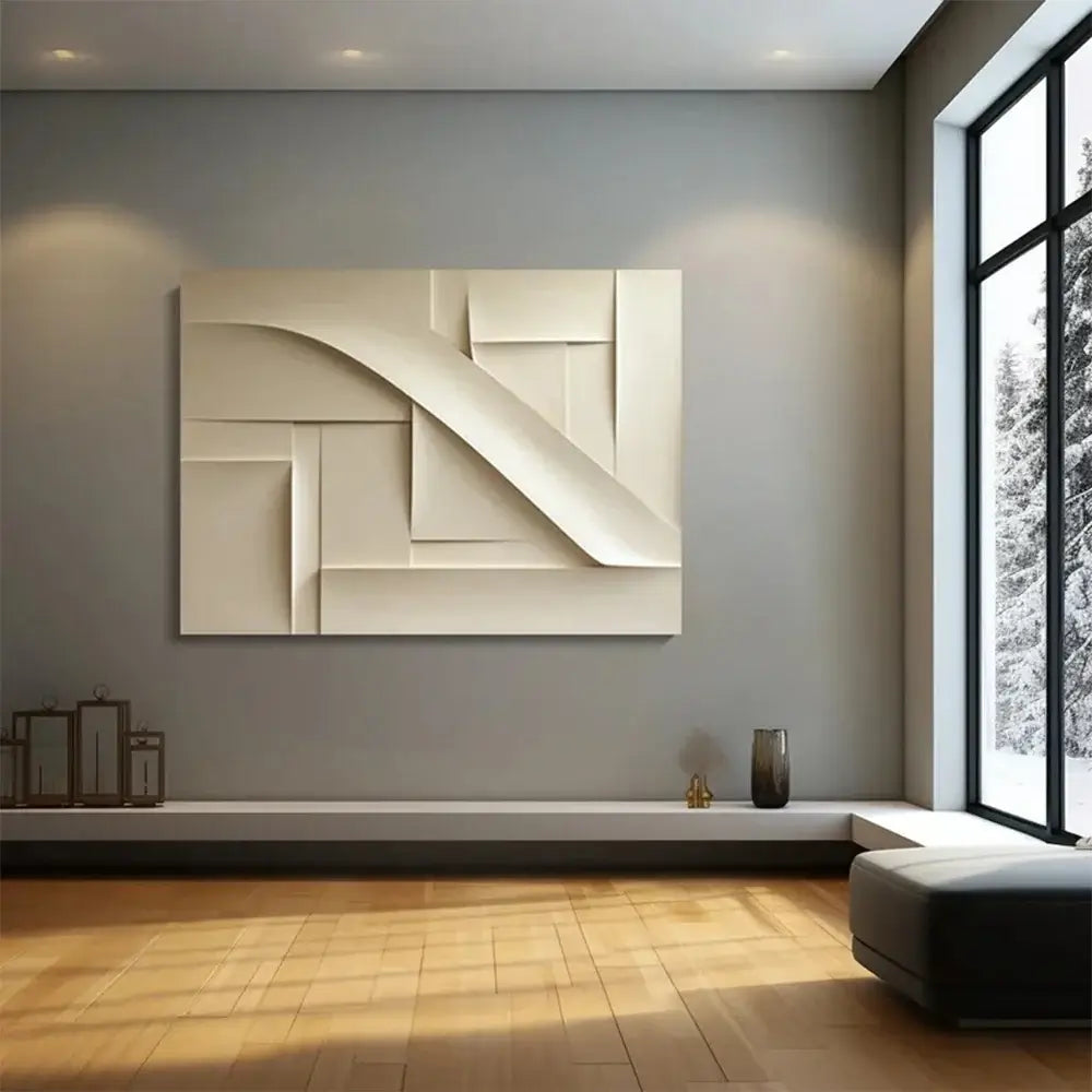 Tableau artistique abstrait 3D en toile, style moderne, accroché à un mur dans un intérieur contemporain et élégant
