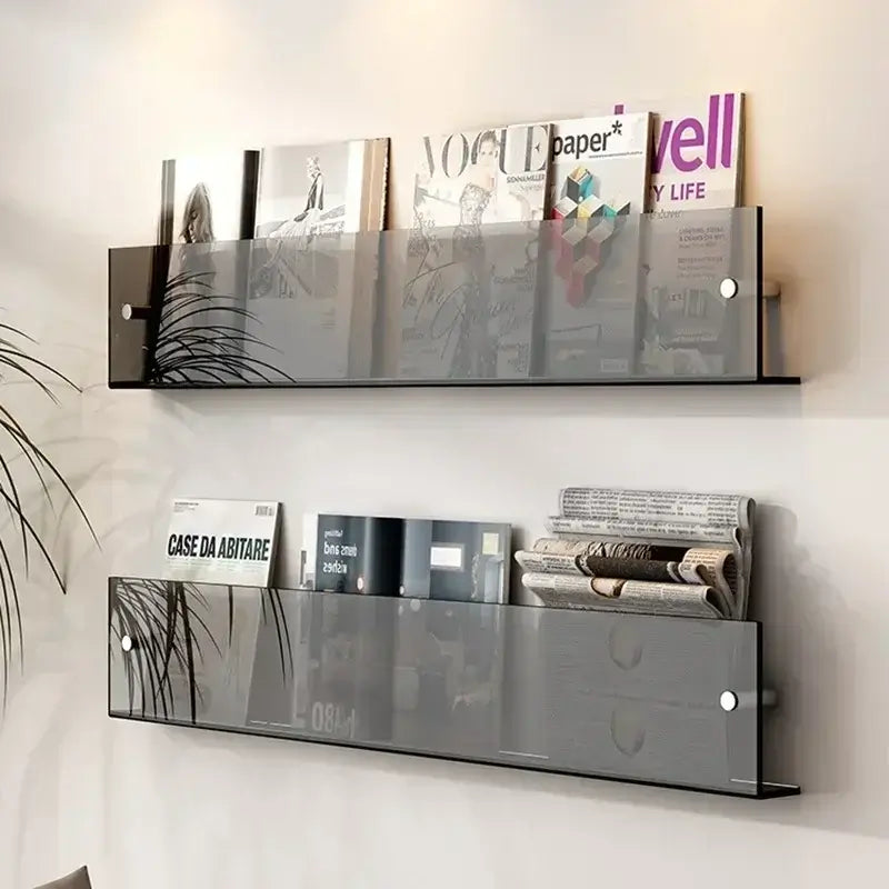 Transparent acrylic wall-mounted storage rack holding magazines and books, adding a modern touch to interior decor.