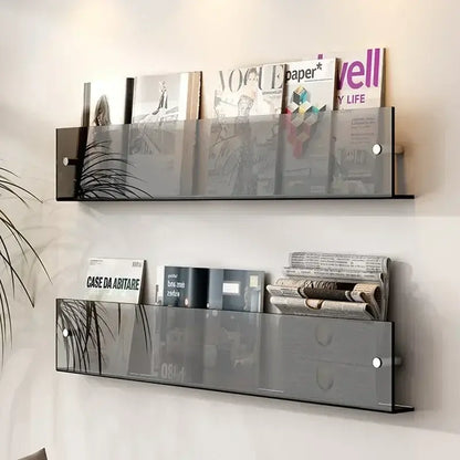Transparent acrylic wall-mounted storage rack holding magazines and books, adding a modern touch to interior decor.