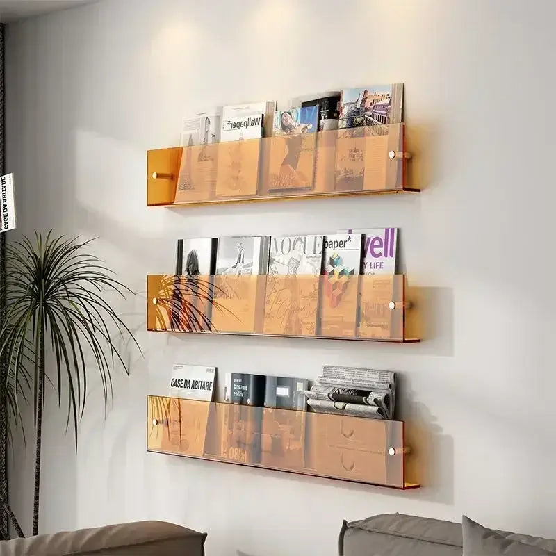 Etagère de rangement en acrylique transparent montée sur un mur, organisant des magazines et livres, ajoutant une touche moderne à la décoration intérieure