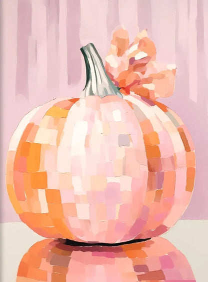 Retro-style pink pumpkin artwork with mosaic pattern on a pastel background, perfect for artistic Halloween decor.