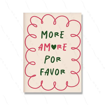 Tableau artistique Dolce Vita avec texte "More Amore Por Favor" en style rétro avec bordure rose sur fond crème