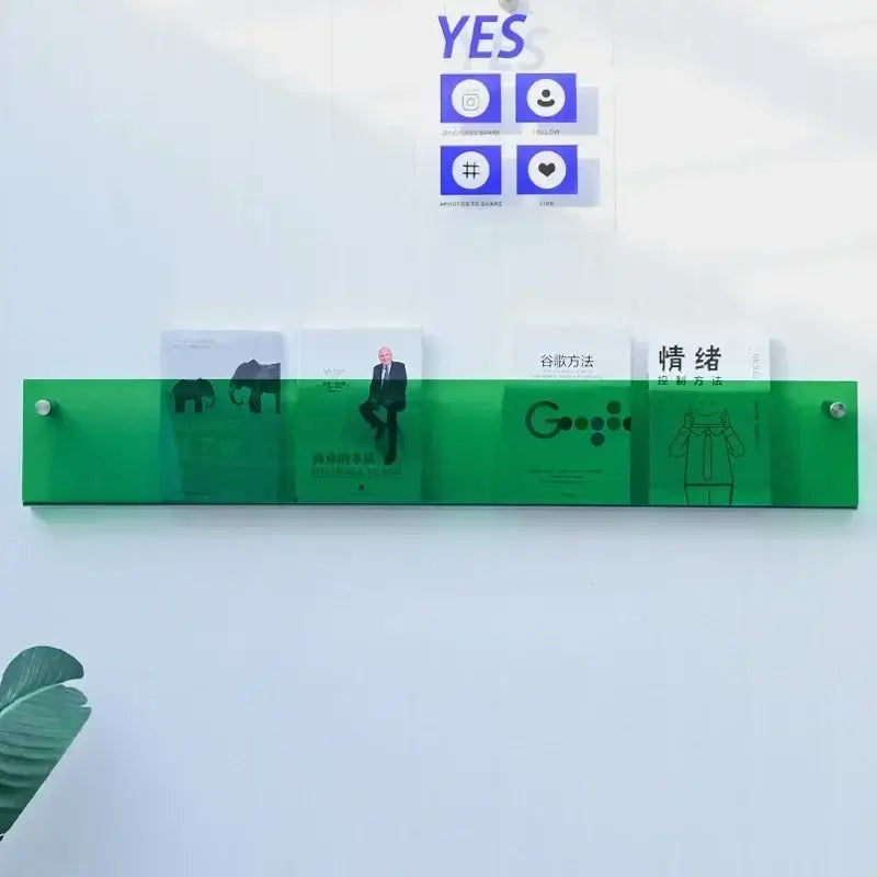 Transparent acrylic wall-mounted shelf with magazines and books, modern storage solution, green-colored design against a white wall.