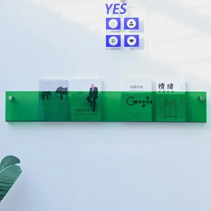 Transparent acrylic wall-mounted shelf with magazines and books, modern storage solution, green-colored design against a white wall.