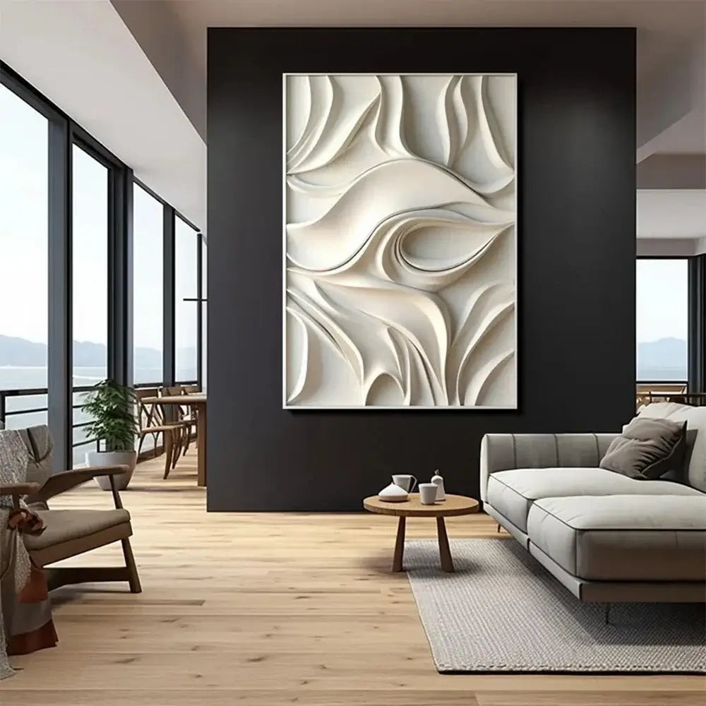 Tableau artistique abstrait 3D moderne sur toile dans un salon élégant avec vue panoramique.