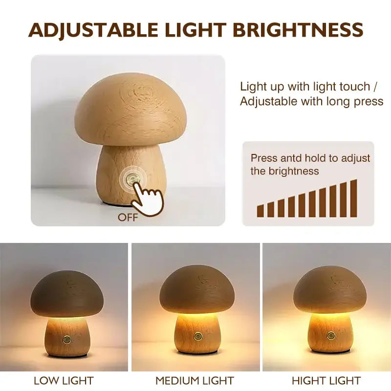 Lampe de table champignon en bois à luminosité réglable, lumière douce ajustable avec toucher, options de lumière faible à forte.