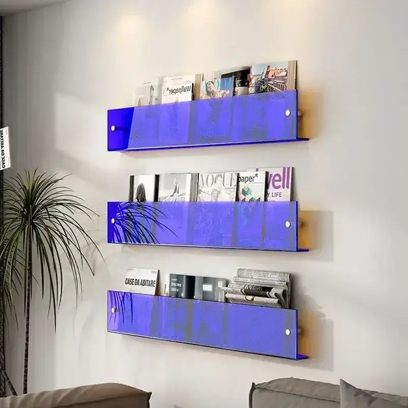 Etagère murale en acrylique transparent tenant des magazines et des livres, ajoutant une touche moderne à la décoration intérieure.