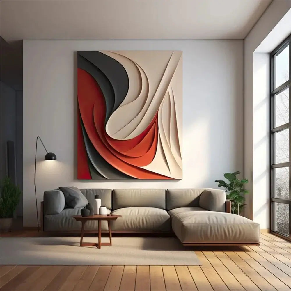Affiche abstraite 3D sur toile moderne suspendue au-dessus d'un canapé dans un salon éclairé.